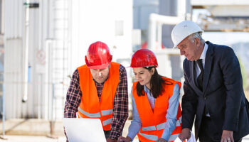A group of business people are having a meeting on an oil industry site. The two engineers (a man and a woman) wearing reflective clothing and red working helmets are having a discussion and planning something with a senior investor who is wearing an elegant black suit and white helmet. They are watching something on a white laptop placed on a brown table in front of them together with some plans. In the background we can see the rafinery.