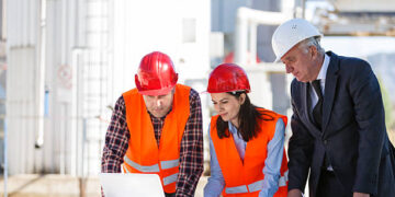 A group of business people are having a meeting on an oil industry site. The two engineers (a man and a woman) wearing reflective clothing and red working helmets are having a discussion and planning something with a senior investor who is wearing an elegant black suit and white helmet. They are watching something on a white laptop placed on a brown table in front of them together with some plans. In the background we can see the rafinery.